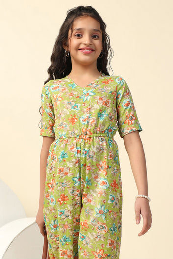 Girl's Green All Over Floral Printed Basic Jumpsuit