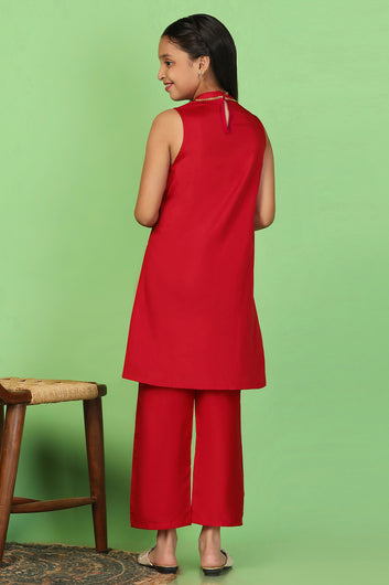 Girl's Red Taffeta Printed Kurta And Trouser Set