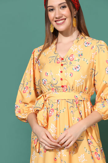 Women’s Yellow Floral Printed Tiered Maxi Dress