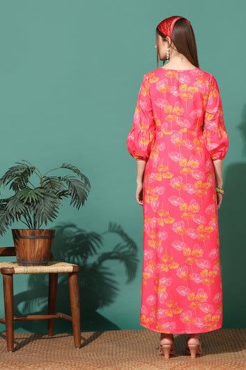Women’s Pink Floral Printed Slit Dress