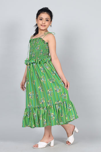 Girls Green Floral Print Midi Dress