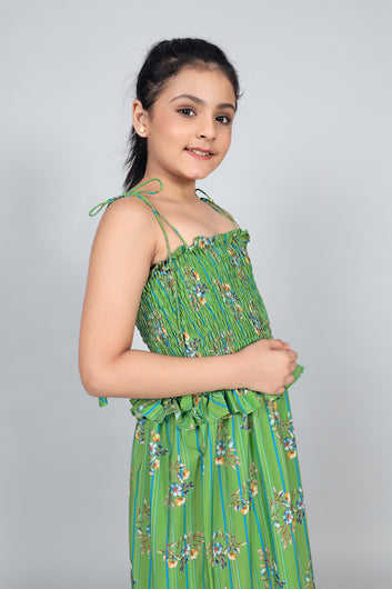 Girls Green Floral Print Midi Dress