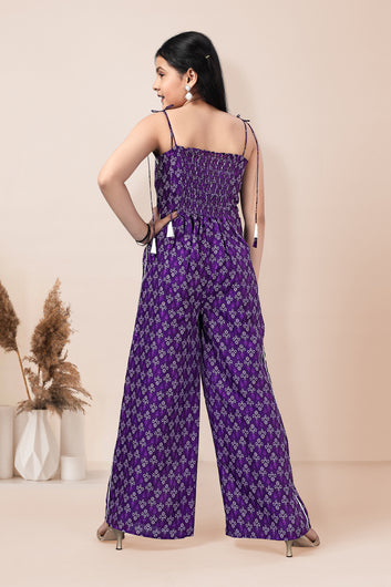 Girls Purple Motif Printed Jumpsuit