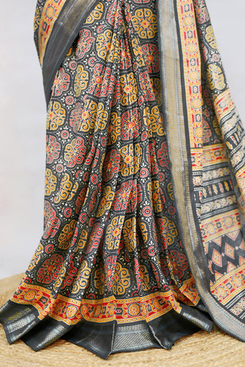 Womens Grey Ajrakh Print Cotton Saree With Unstitched Blouse