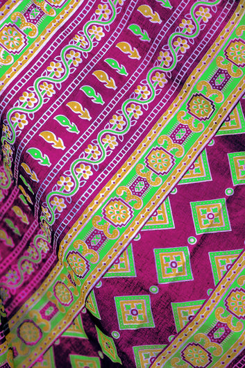 Womens Rani Ajrakh Print Cotton Saree With Unstitched Blouse