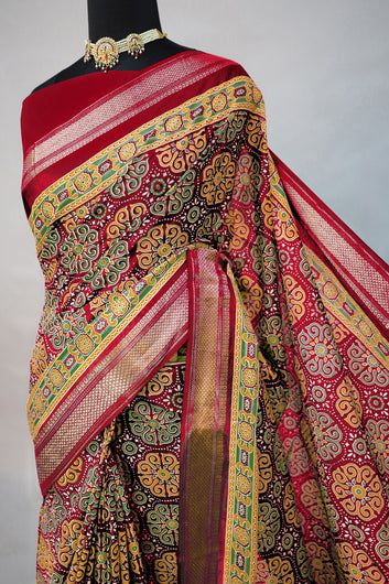 Womens Maroon Ajrakh Print Cotton Saree With Unstitched Blouse