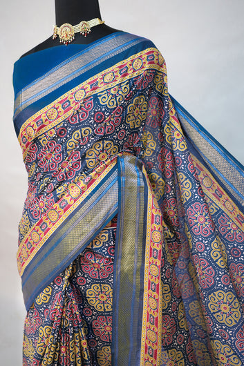 Womens Blue Ajrakh Print Cotton Saree With Unstitched Blouse
