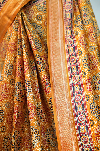 Womens Mustard Ajrakh Print Cotton Saree With Unstitched Blouse