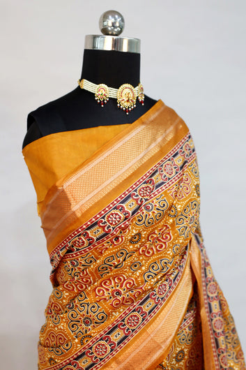 Womens Mustard Ajrakh Print Cotton Saree With Unstitched Blouse
