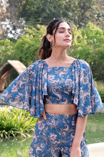 Women's Blue Paisley Printed Crop Top And Palazzo Set