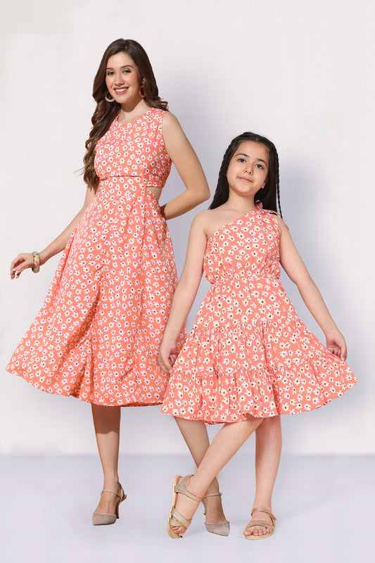 Peach Floral Printed Mother-Daughter Dress Set