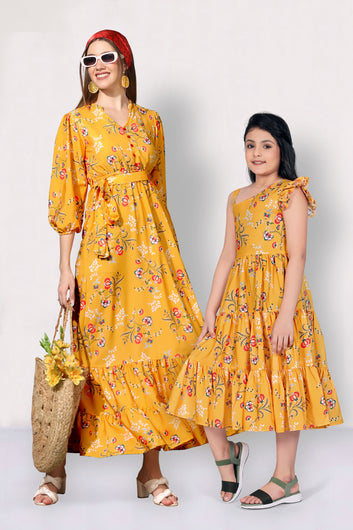Yellow Floral Printed Mother-Daughter Tiered Dress