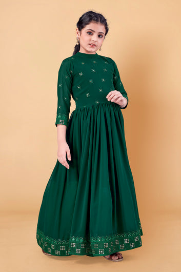 Girl's Georgette Dark Green Maxi Length Embroidered Dress