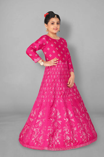 Girls Dark Pink Taffeta Maxi Length Foil Printed Dresses