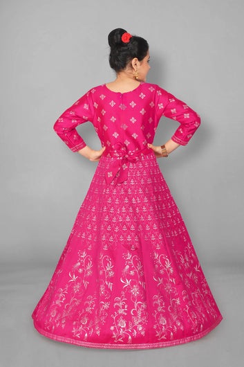 Girls Dark Pink Taffeta Maxi Length Foil Printed Dresses
