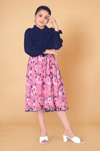 Girl’s Navy Blue Georgette Top with Accordion Pleated Skirt Clothing Set