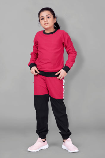 Girls Red Polyester Lycra T-Shirt with Trouser Set