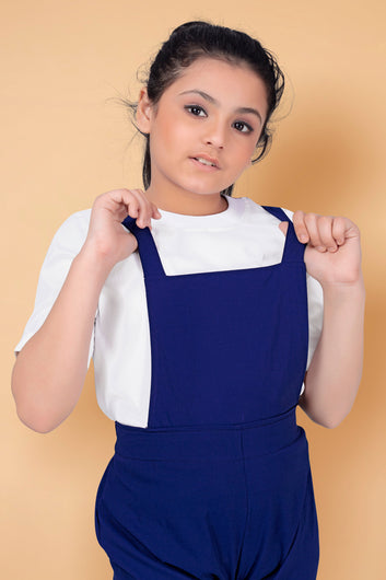 Girl’s Navy Blue Polyester Lycra Solid Top with Strappy Dungaree Set