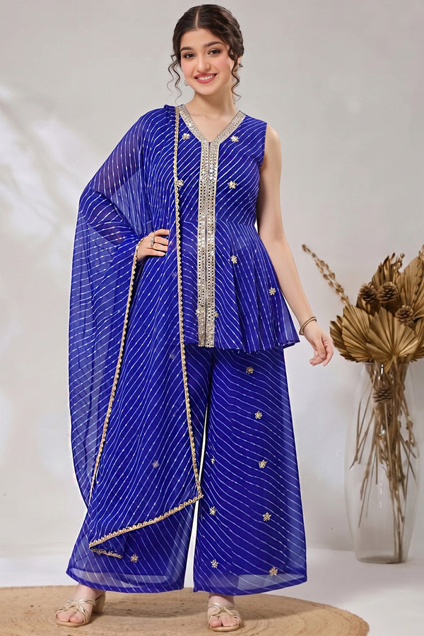 Girls Royal Blue Georgette Floral Embroidered Kurta and Palazzo with Dupatta Set For Girls