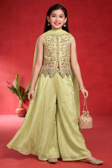 Girls Lemon Silk Blend Top And Palazzo With Dupatta For Indo-Western Set