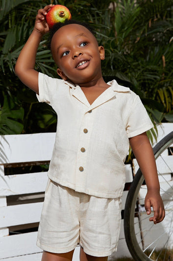 Boys Off White Cotton Blend Solid Shirt With Trouser Set