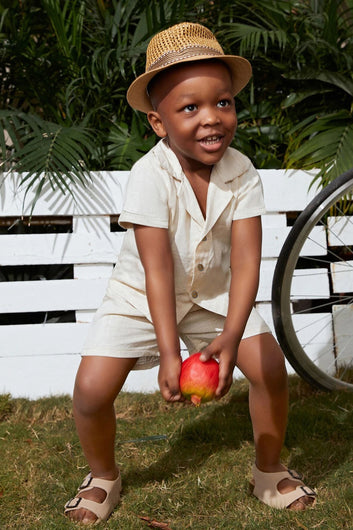 Boys Off White Cotton Blend Solid Shirt With Trouser Set