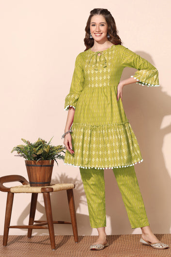 Womens Olive Cotton Blend Printed Tiered Kurta With Trouser Set