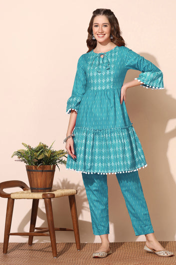 Womens Turquoise Cotton Blend Printed Tiered Kurta With Trouser Set