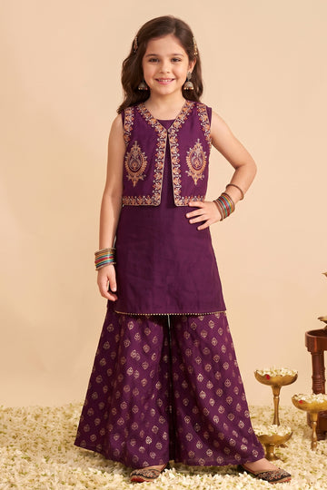 Girls Purple Silk Blend Kurta and Sharara With Koti For Traditional Look