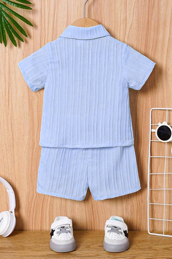 Boys Light Blue Cotton Blend Striped Printed Shirt With Short Pant Set