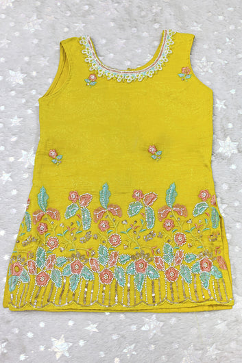 Girls Yellow Silk Blend Floral Embroidered Crop Top and Sharara With Dupatta Set For Trendy Look