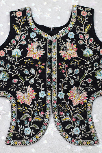 Girls Black Silk Blend Floral Sequin Embroidered Crop Top and Palazzo With Dupatta Set For Ethnic Look