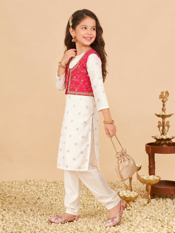 Girls Off White Silk Blend Embroidered Kurta with Koti and Pyjama Ethnic Set