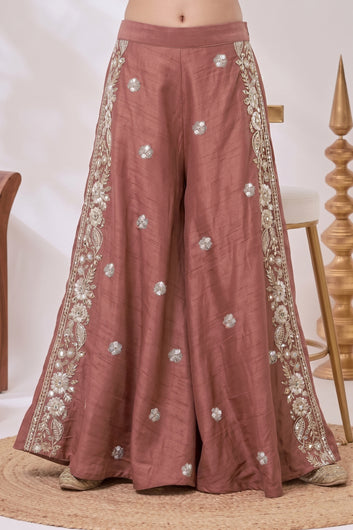 Girls Rust Silk Blend Sequin Bead Work Crop Top and Palazzo With Dupatta Set For Festive Wear