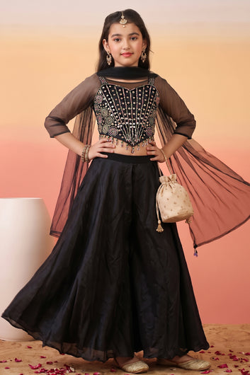 Girls Black Silk Blend Sequin Bead Work Embroidered Crop Top and Palazzo With Inner Top & Dupatta Set For Festive Wear