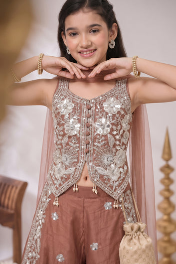 Girls Rust Silk Blend Sequin Bead Work Crop Top and Palazzo With Dupatta Set For Festive Wear