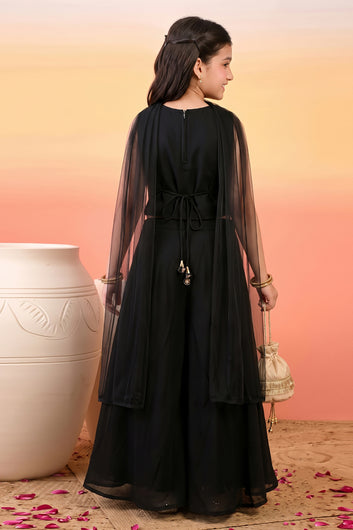 Girls Black Silk Blend Floral Sequin Embroidered Crop Top and Palazzo With Dupatta Set For Ethnic Look