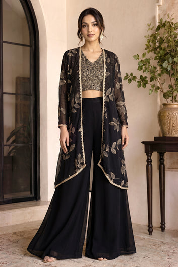 Women Black Georgette Crop Top and Palazzo With Shrug Set For Ethnic Wear