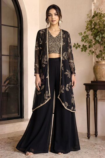 Women Black Georgette Crop Top and Palazzo With Shrug Set For Ethnic Wear