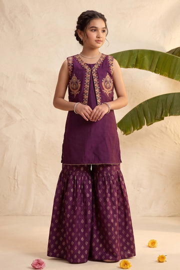 Girls Purple Silk Blend Kurta and Sharara With Koti For Traditional Look