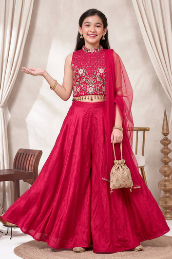 Girls Rani Silk Blend Sequin Embroidered Crop Top and Palazzo With Dupatta Set For Indian Outfit