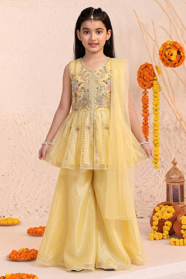 Girls Yellow Silk Blend Festive Wear Palazzo Set with Sequin Bead Embroidery Work - Peplum Kurta, Flared Palazzo & Dupatta