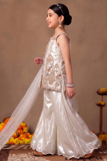 Girls White Silk Blend Bead work and Embroidered Top and Palazzo with Dupatta Ethnic Set