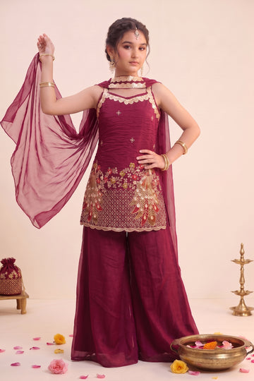 Girls Maroon Silk Blend Kurta And Palazzo With Dupatta Set For Traditional Look