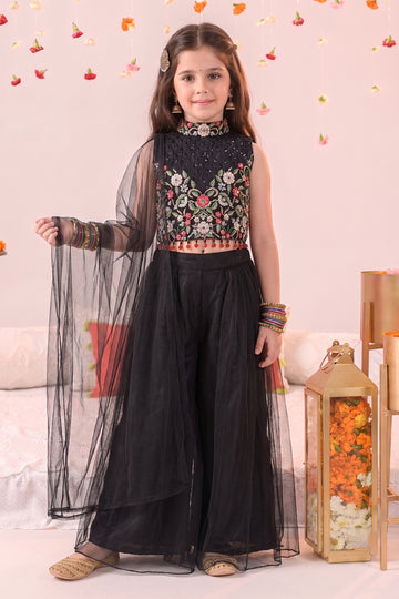 Girls Black Silk Blend Floral Embroidery Crop Top and Flared Palazzo with Dupatta For Indo Western Look
