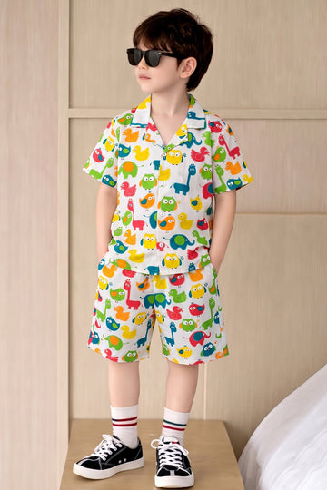 Boys Multicolor Cotton Blend Animal Printed Shirts and Shorts Set For Casual Wear