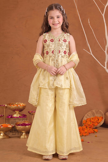 Girls Off white Embroidered Kurta and Palazzo With Dupatta Set For Ethnic Wear