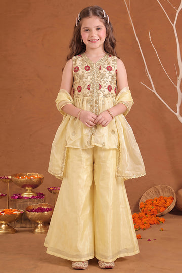 Girls Off white Embroidered Kurta and Palazzo With Dupatta Set For Ethnic Wear