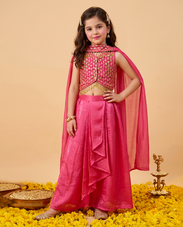 Girls Rani Embroidered Crop Top and Skirt With Dupatta For Festive wear