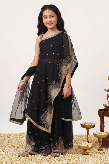 Girls Black Silk Blend Ethnic Motifs Kurta and Palazzo With Dupatta For Asymmetrical Cape-Style kurta Set